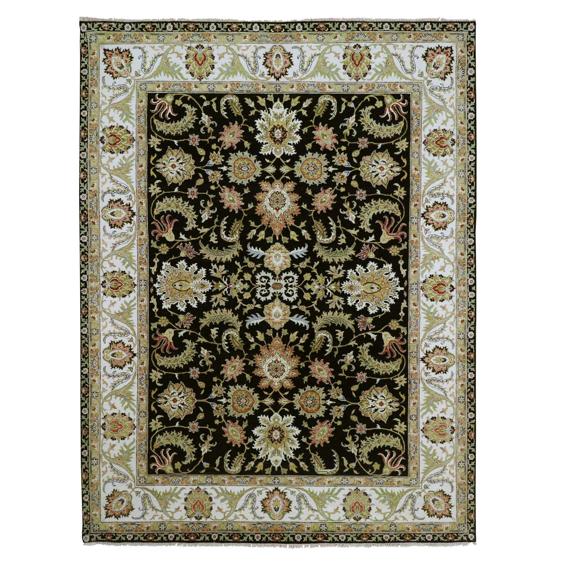 Onyx Black, Agra with Ziegler Design, Hand Knotted, Vegetable Dyes, Pure Wool, Oriental Rug